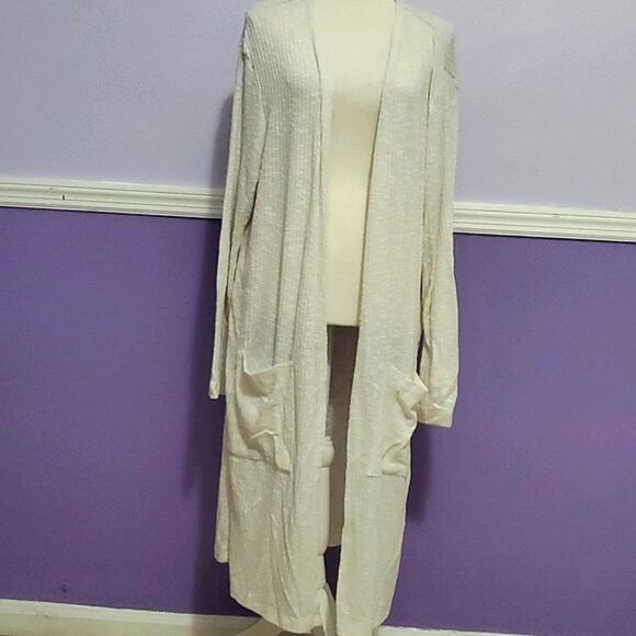 Just Be Off White Boho Ribbed Slouchy Longline Open Cardigan Duster Lagenlook - Picture 1 of 9